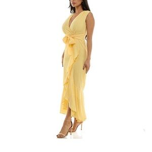Sleeveless Yellow Wrap Ruffle Maxi Dress